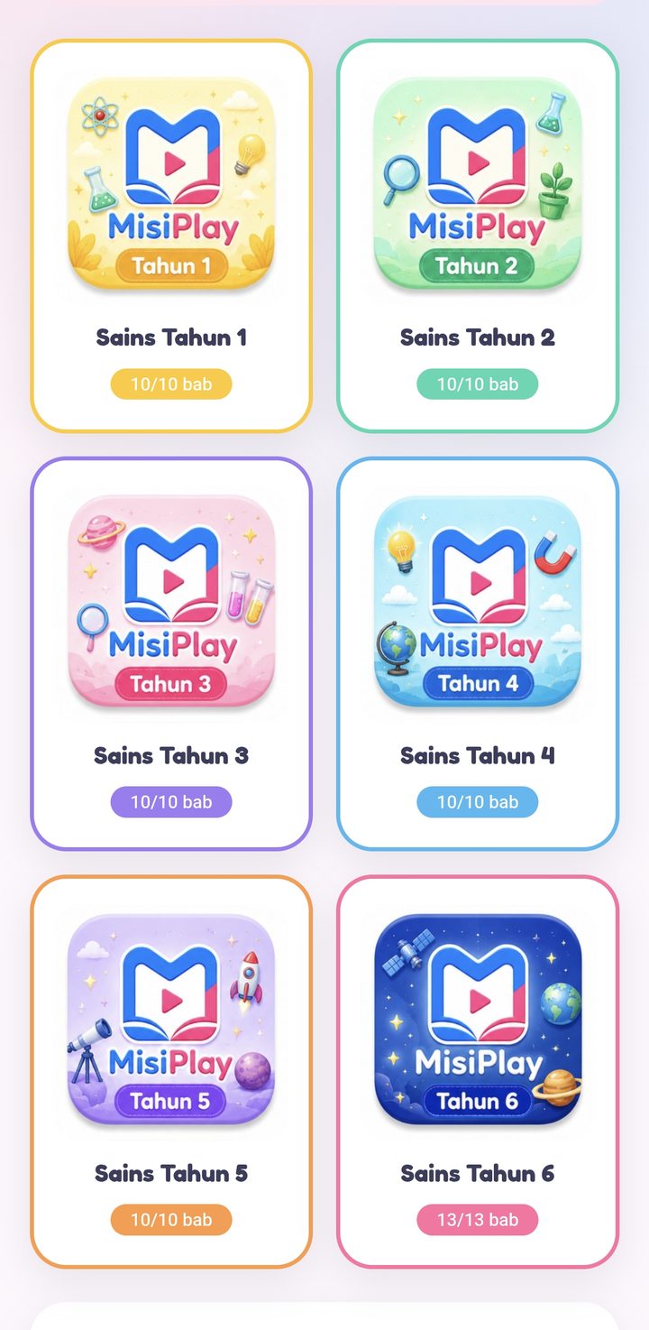 Skrin MisiPlay — pilih Sains Tahun 1 hingga Tahun 6
