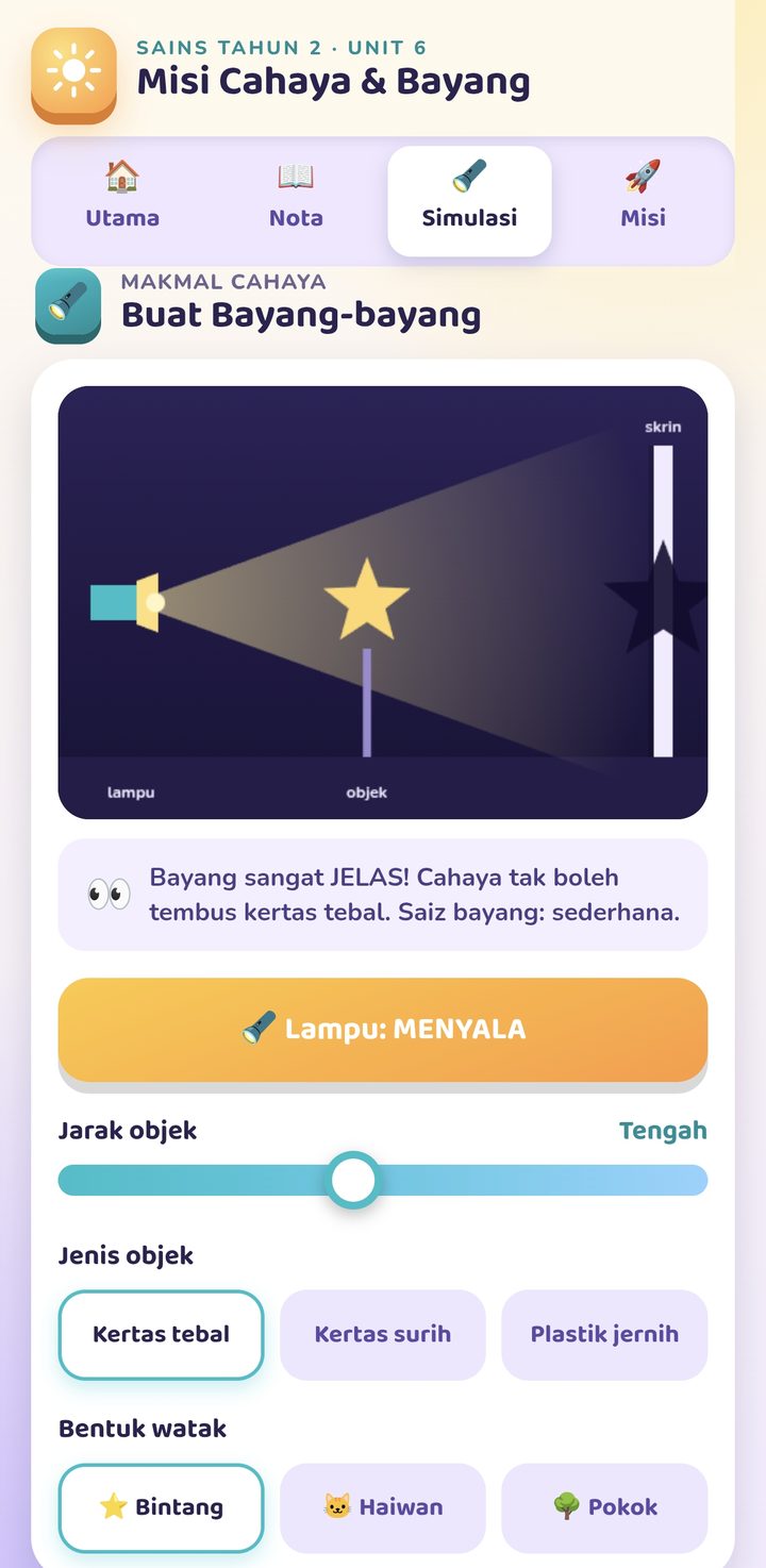 Simulasi cahaya dan bayang-bayang dalam MisiPlay Sains Tahun 2